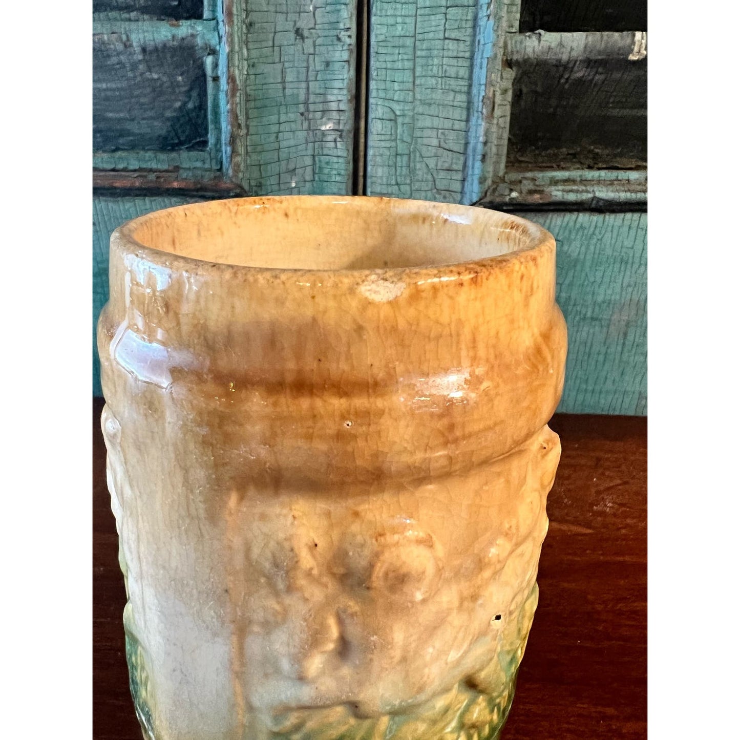 Vintage Brushware 1920s Beer Stein Dancing Fiddle Player Green Tan Mug Cup