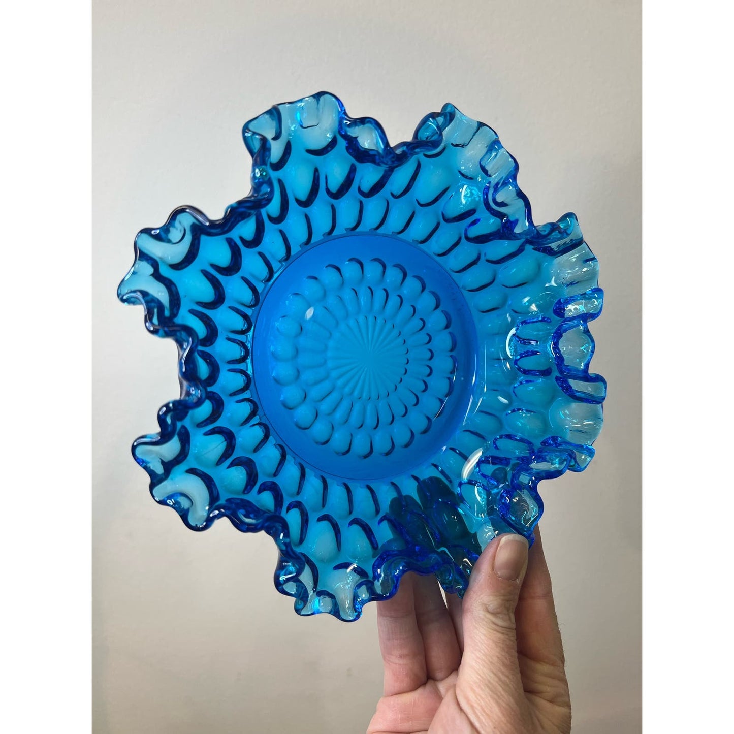 Fenton Art Glass Colonial Blue Thumbprint Round Crimped Bowl