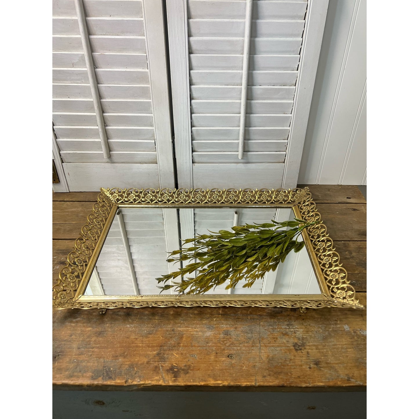 Vintage gold mirrored tray gold filigree sides