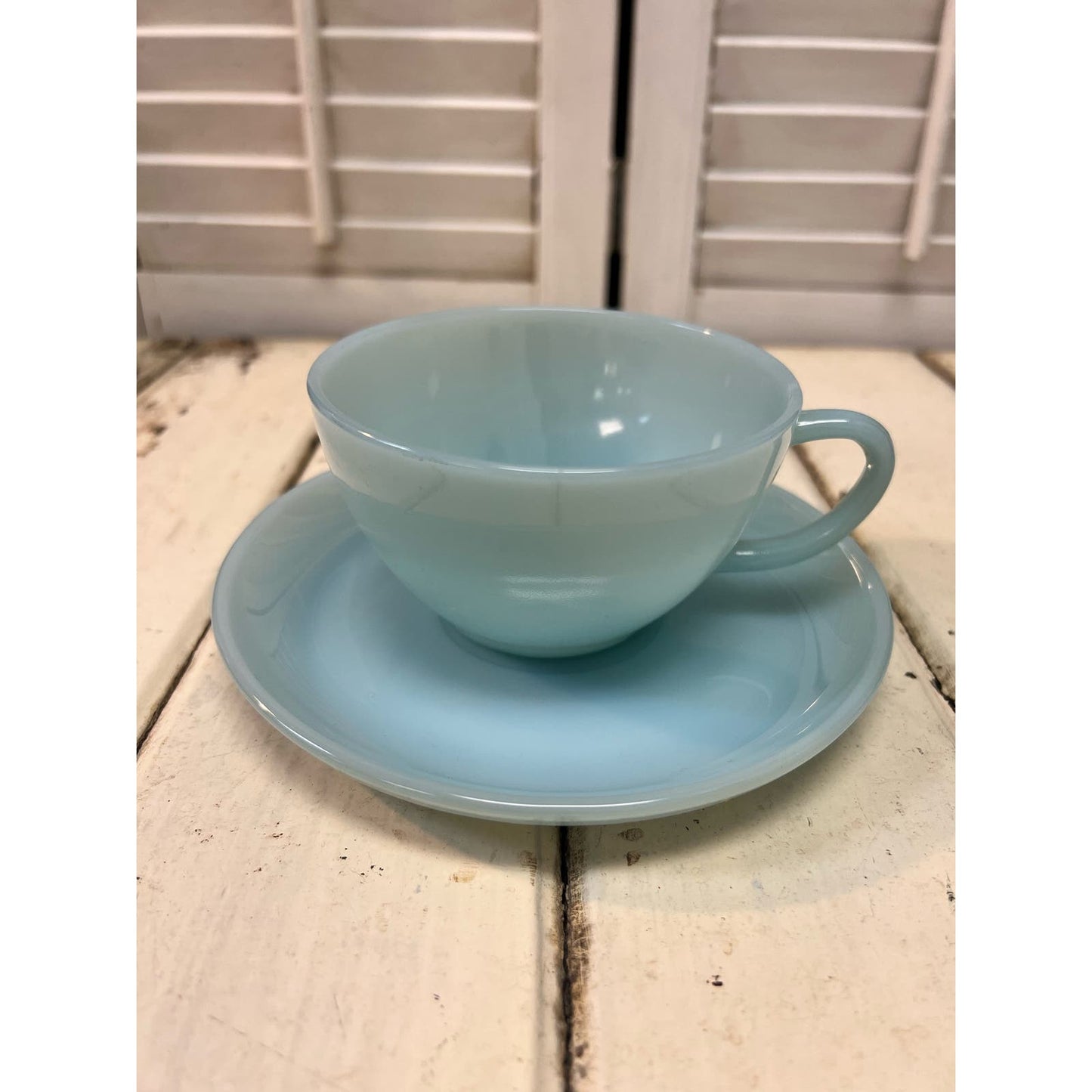 Vintage Fire King Delphite Blue Glass Cup and Saucer Set