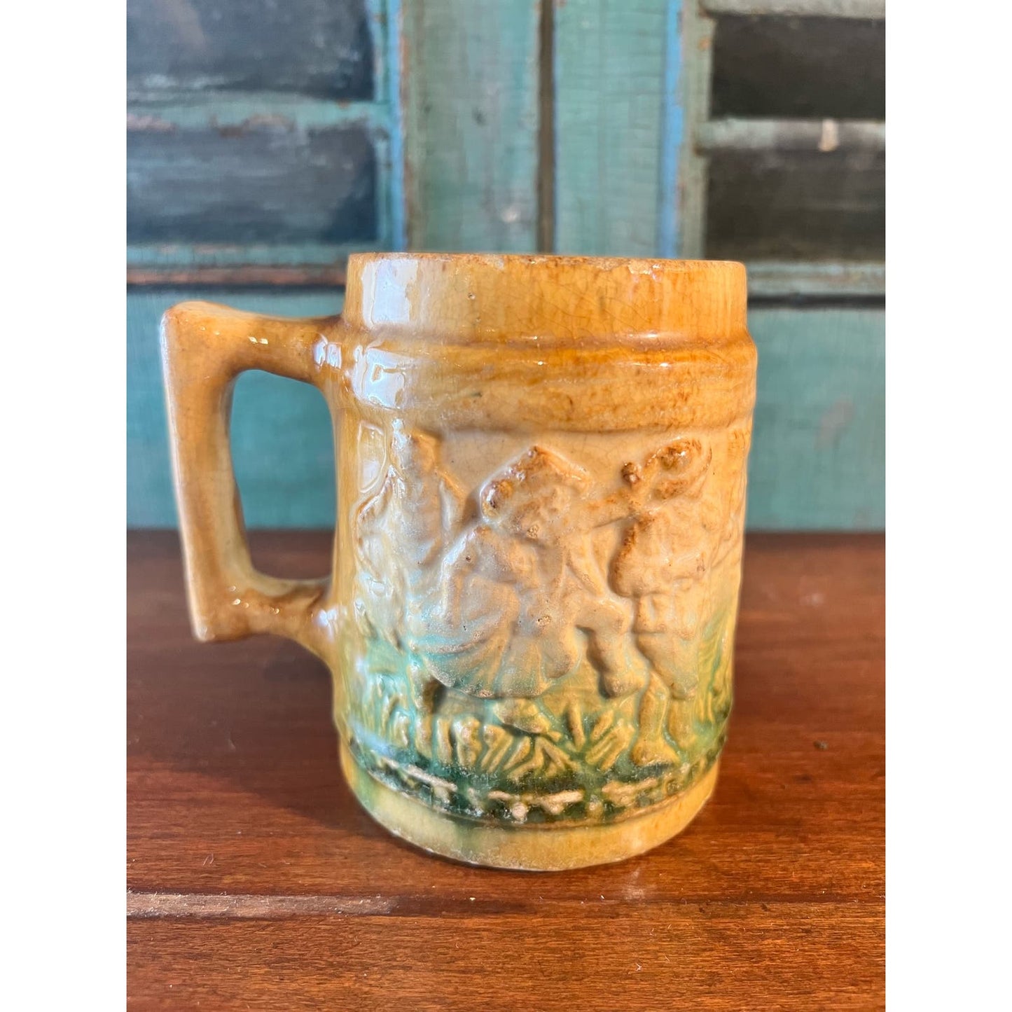Vintage Brushware 1920s Beer Stein Dancing Fiddle Player Green Tan Mug Cup