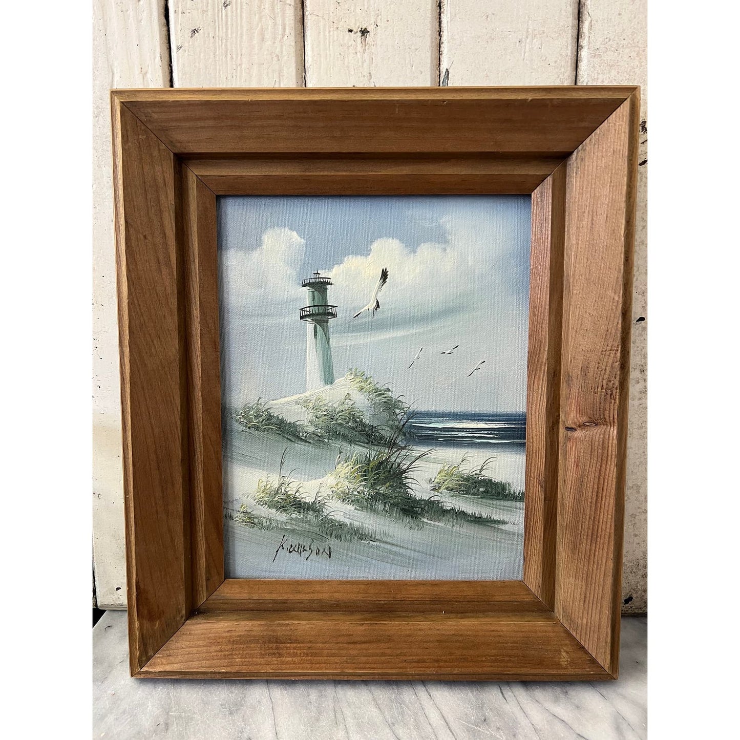 Vintage framed seascape lighthouse original oil on board/ signed