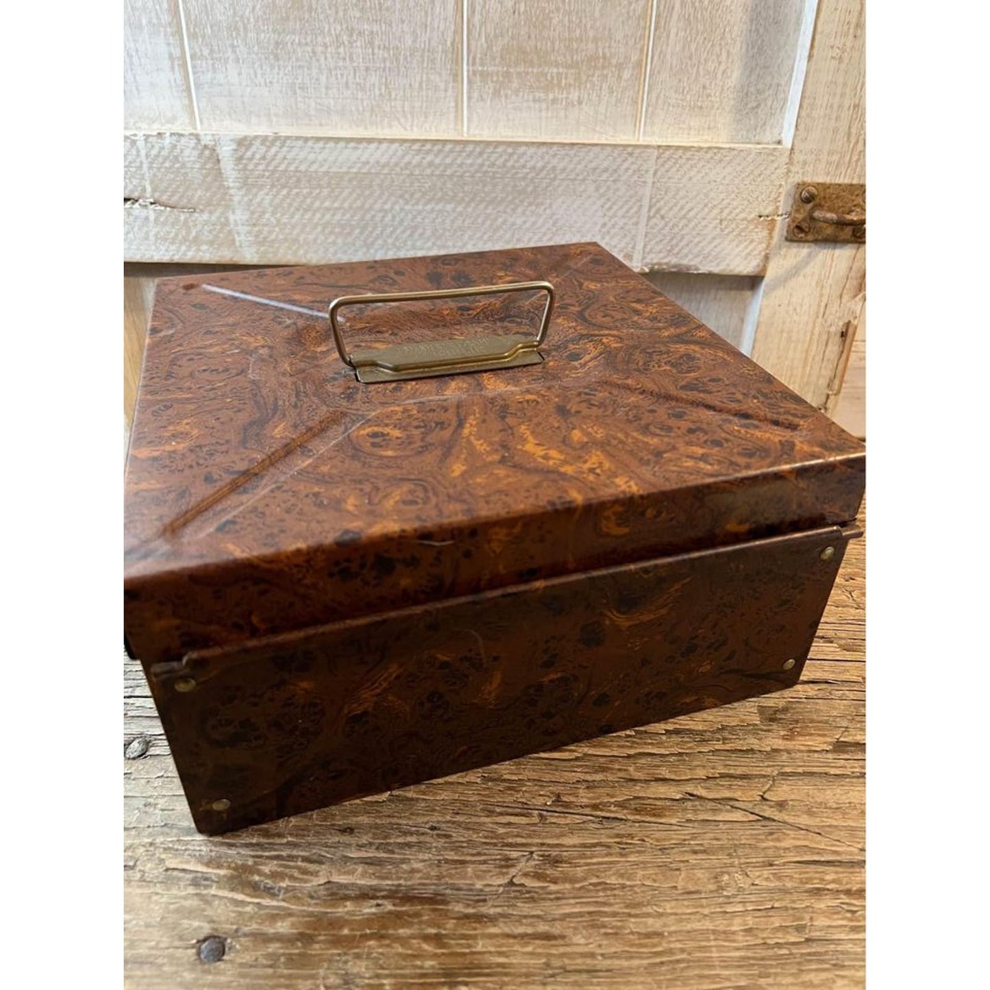 Vintage Ballonoff Faux Wood Lithograph Design Metal Porta Check File Box - Personal File/Storage Met