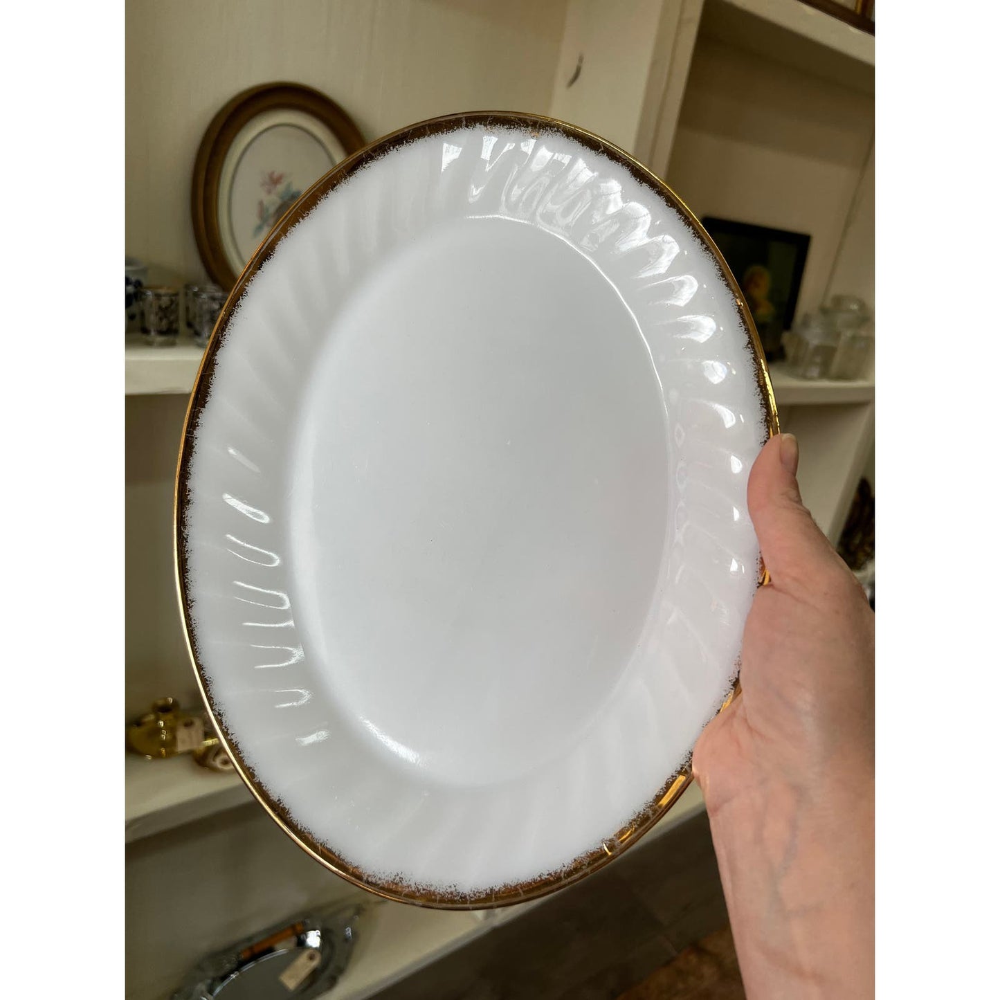 Vintage Fire King Milk glass swirl pattern 12” oval serving platter with gold rim