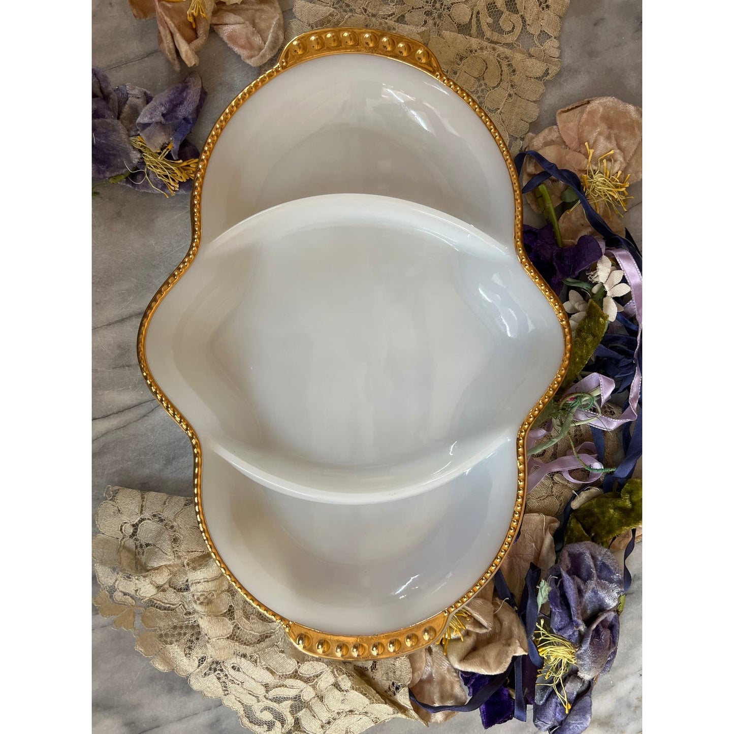 Vintage Fire King Milkglass divided relish/serving dish with gold trim