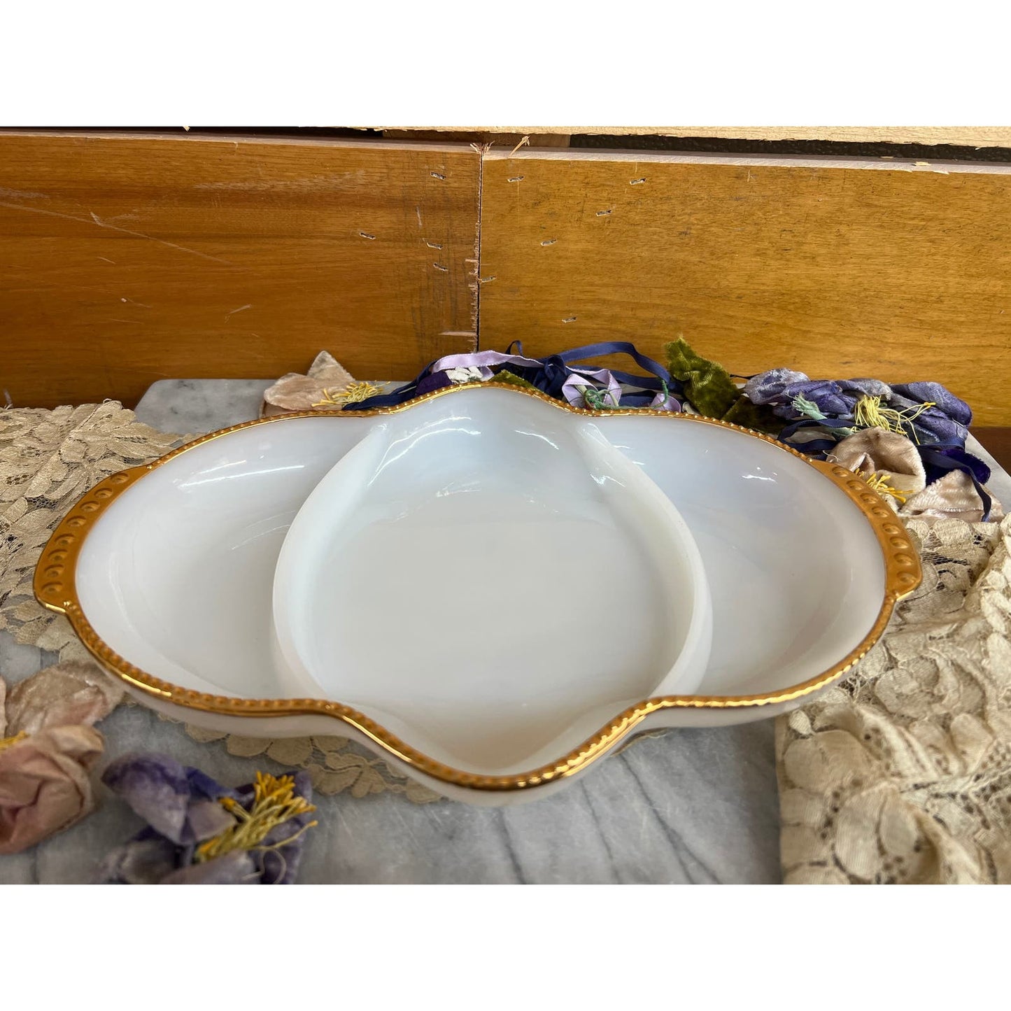 Vintage Fire King Milkglass divided relish/serving dish with gold trim