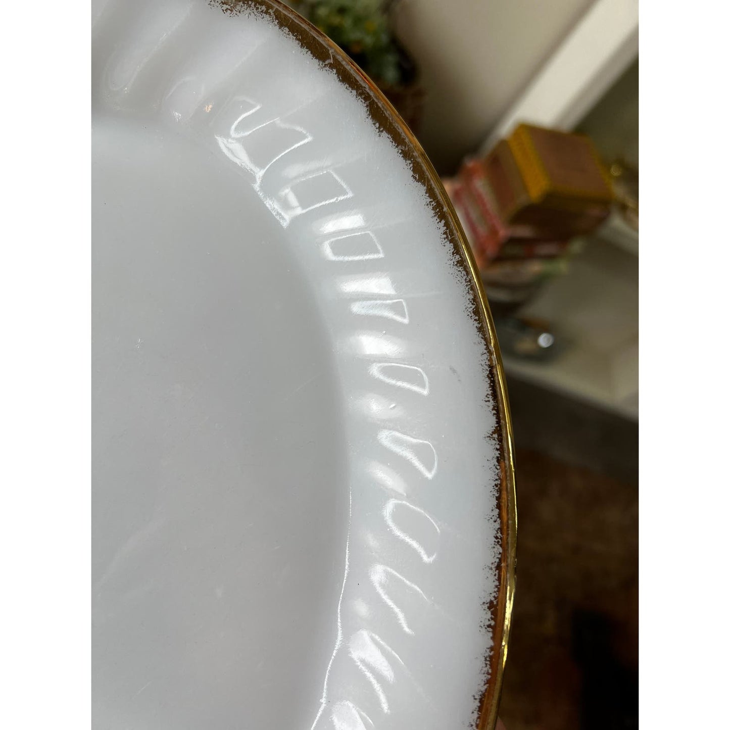 Vintage Fire King Milk glass swirl pattern 12” oval serving platter with gold rim