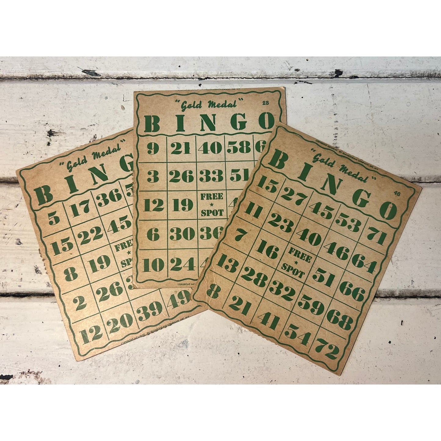 3 vintage bingo cards with green lettering