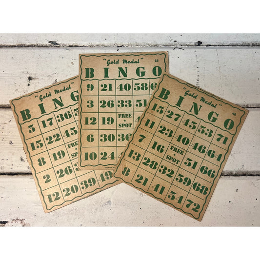 3 vintage bingo cards with green lettering