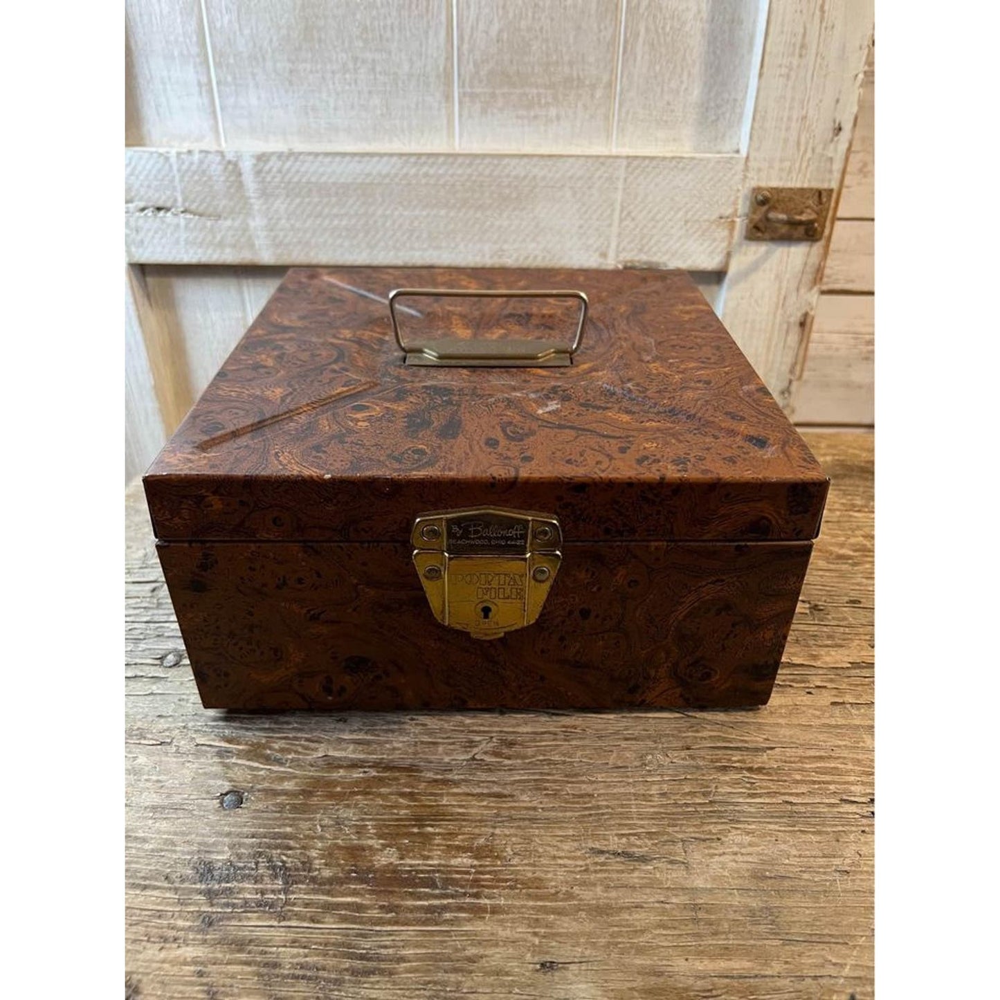Vintage Ballonoff Faux Wood Lithograph Design Metal Porta Check File Box - Personal File/Storage Met