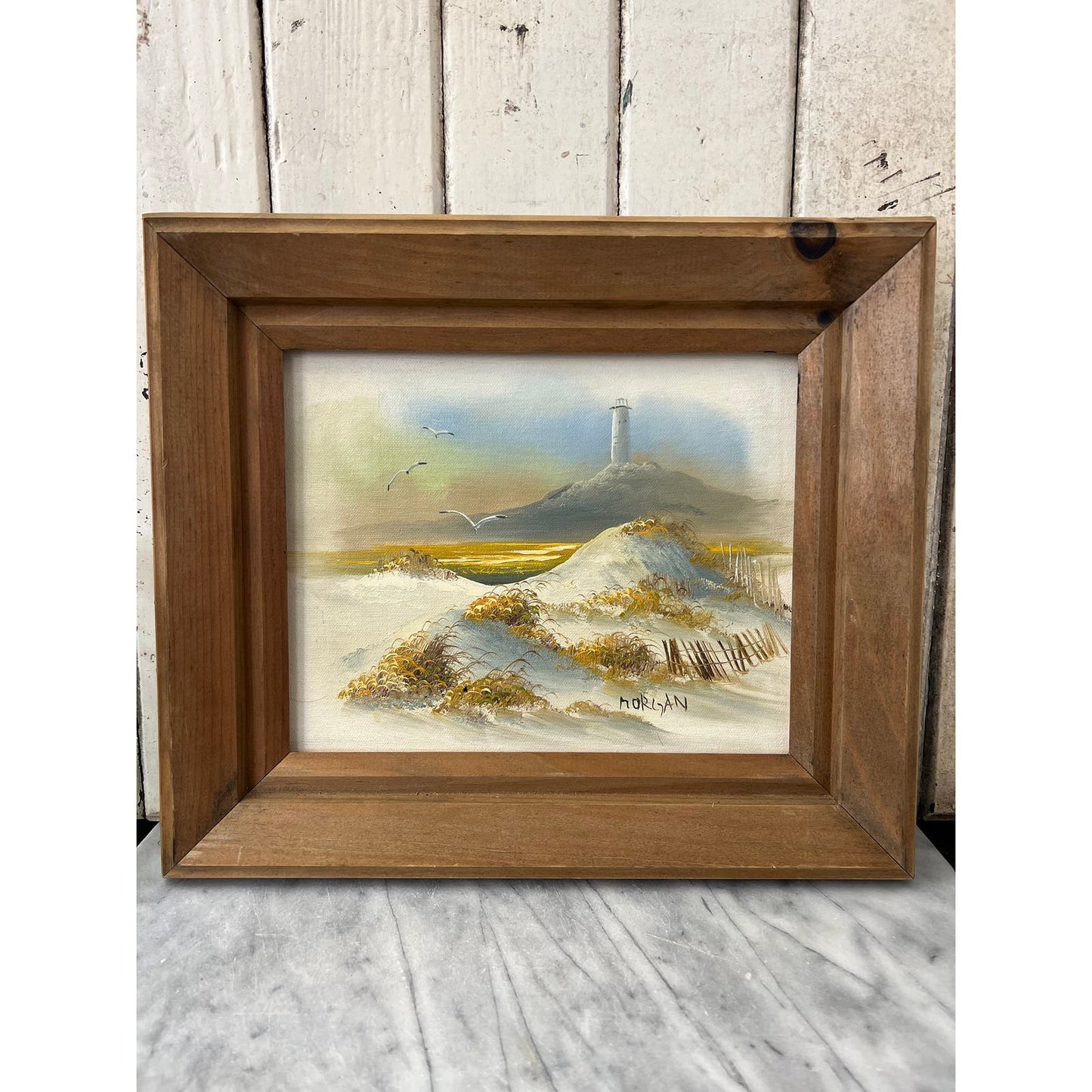 Vintage seascape w lighthouse/ original oil on board