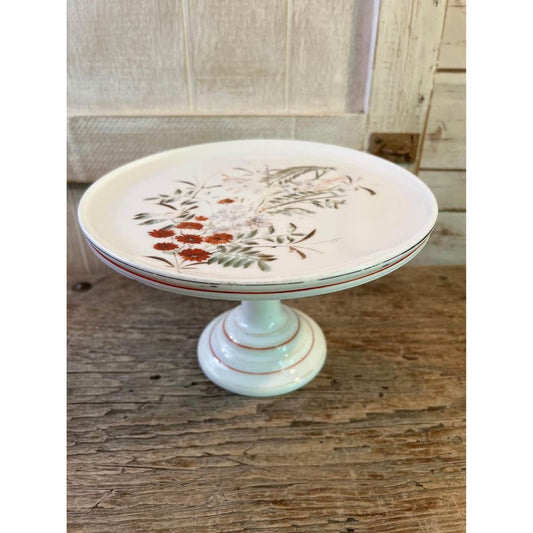 vintage milk glass cake stand/ hand painted floral design