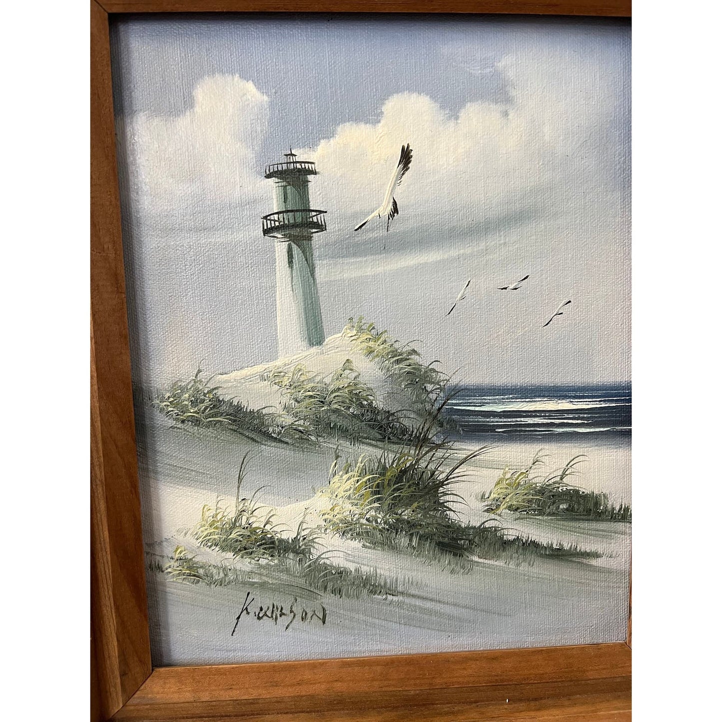 Vintage framed seascape lighthouse original oil on board/ signed