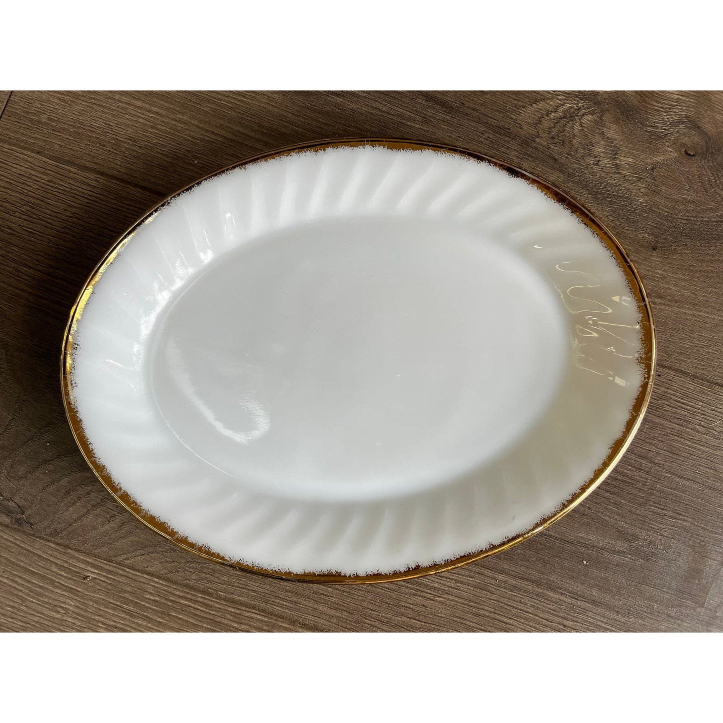 Vintage Fire King Milk glass swirl pattern 12” oval serving platter with gold rim