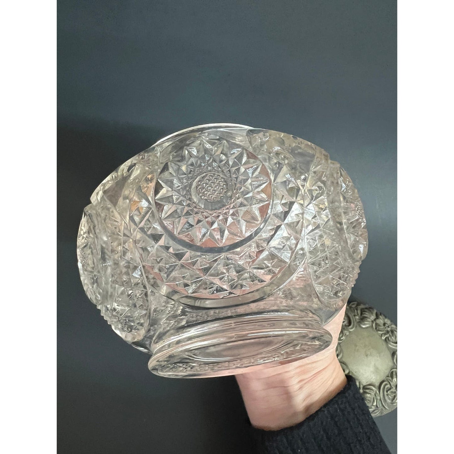 Antique cut glass dresser jar with silver lid